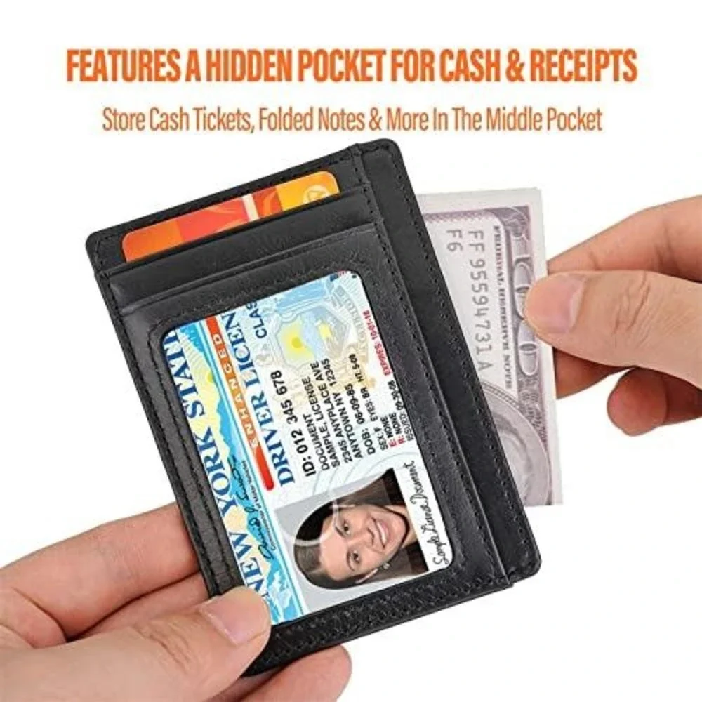 Slim Minimalist Front Pocket Wallet Black Vegan Leather‎ Card Holder RFID Block
